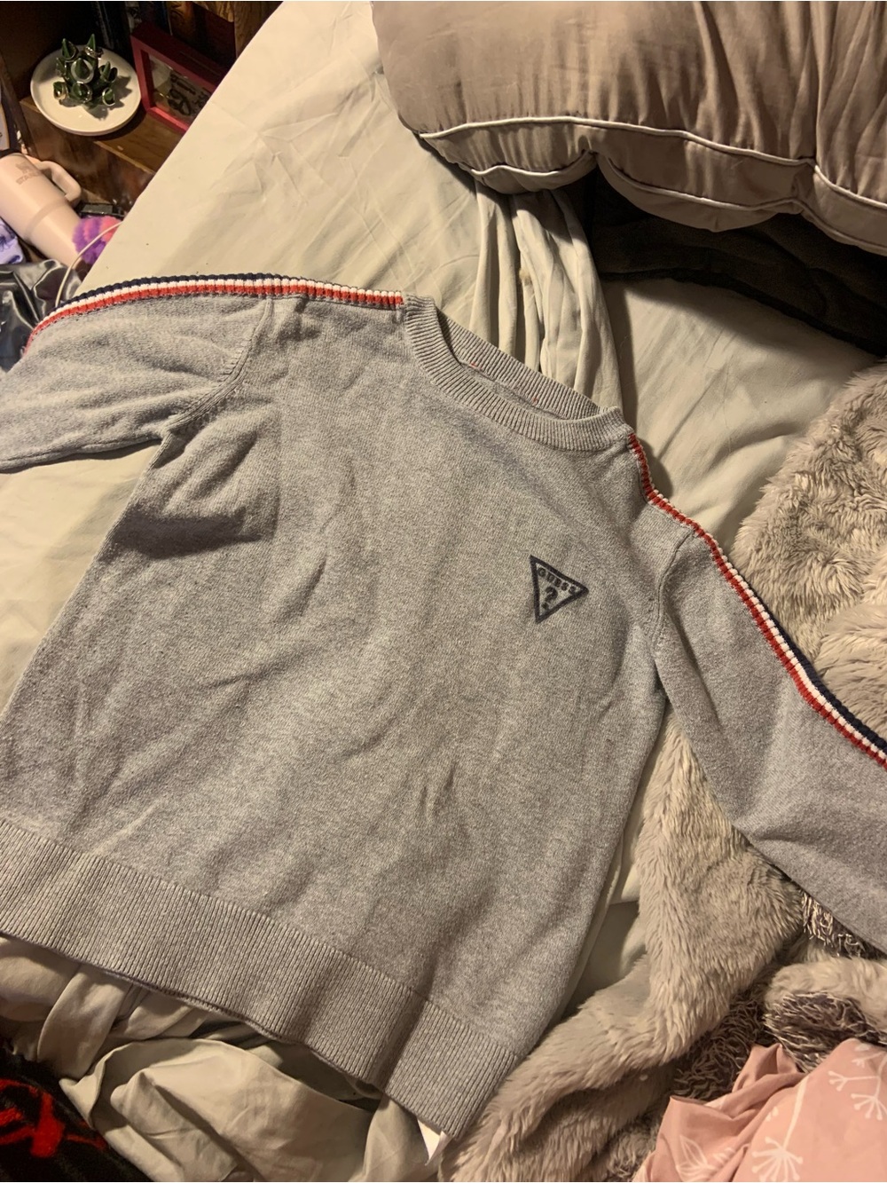 GUESS Kids Gray Crewneck Knit Sweater with Athletic Shoulder Stripes